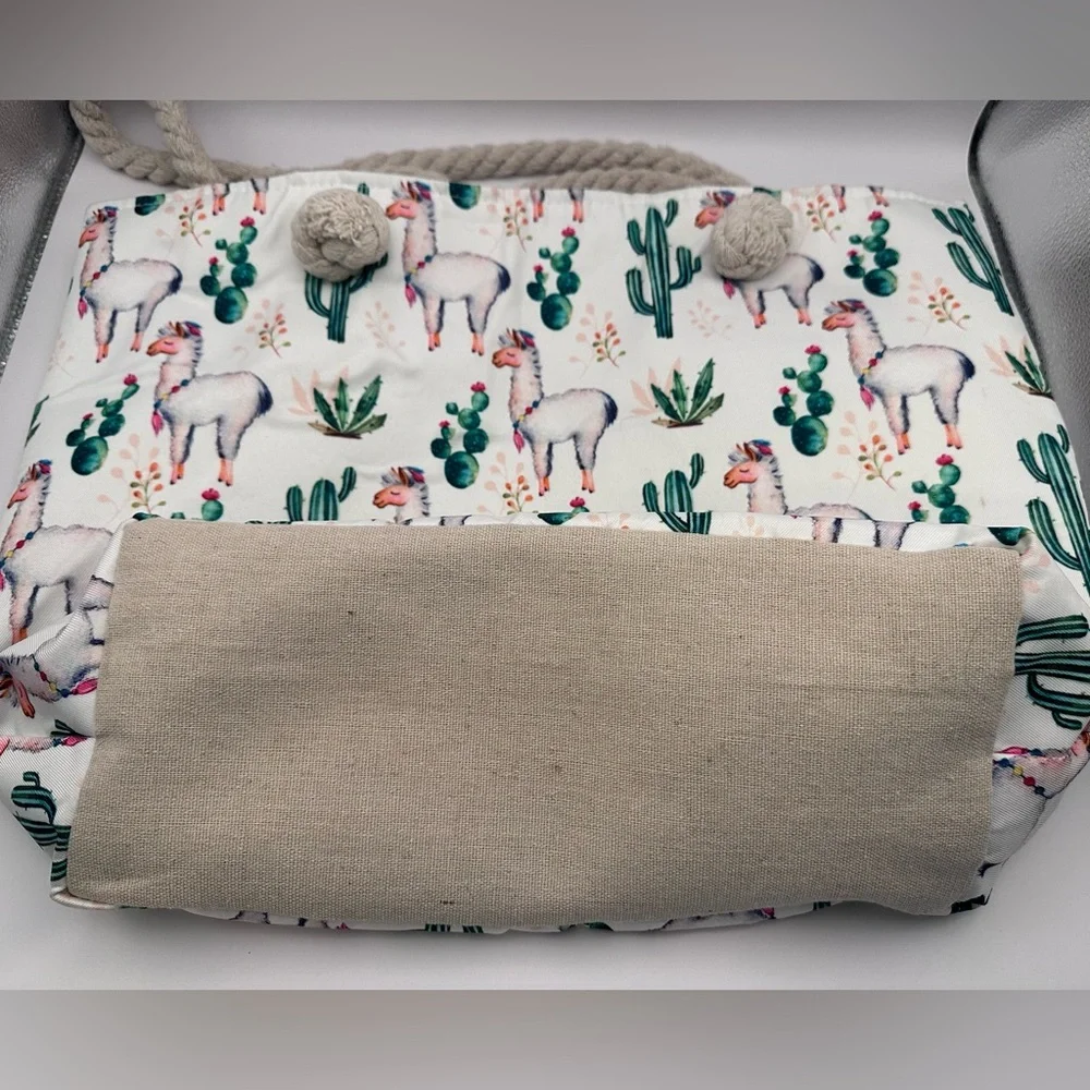 Llama & Cactus Canvas Tote Bag | Rope Handles | Boho Beach Bag